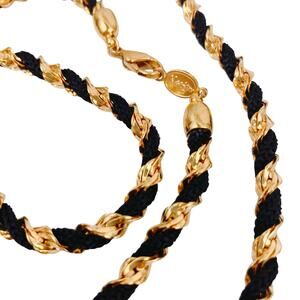 VTG Signed Napier Long 30" Braided Rope Gold Tone Black Ribbon Necklace 1980s